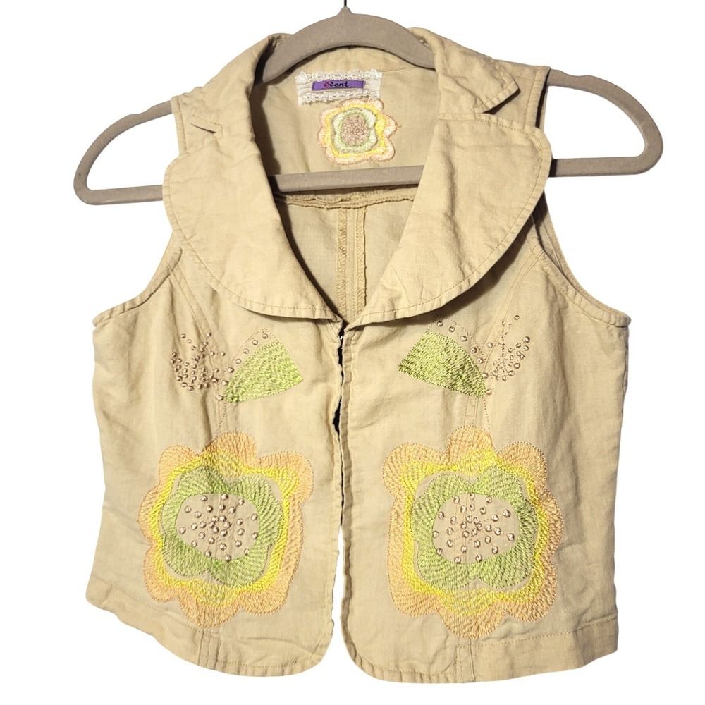 Event Kids Tan Ramie/Cotton Embroidered Floral Collared Vest Hook Eye Size 5